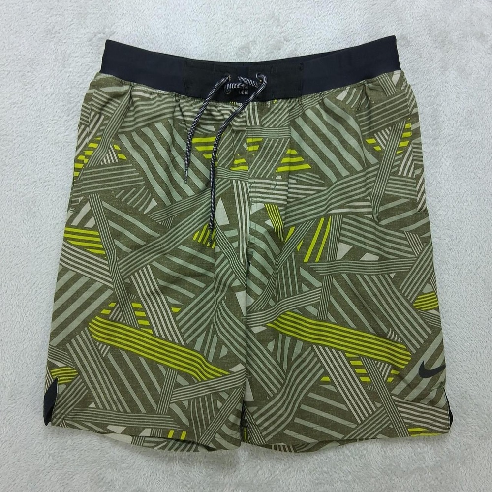 Nike Mens Swim Trunks Medium Green Geometric Pattern Board Shorts Drawstring